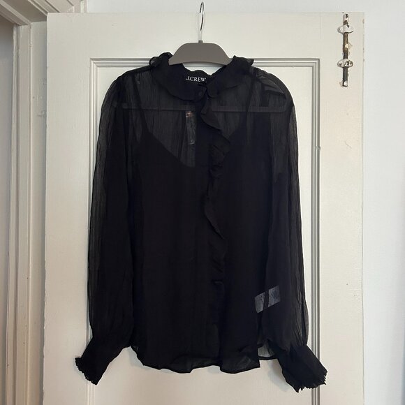 J. Crew Black Ruffle button-up shirt in crinkle chiffon - Size 0 - NWT - Picture 4 of 13